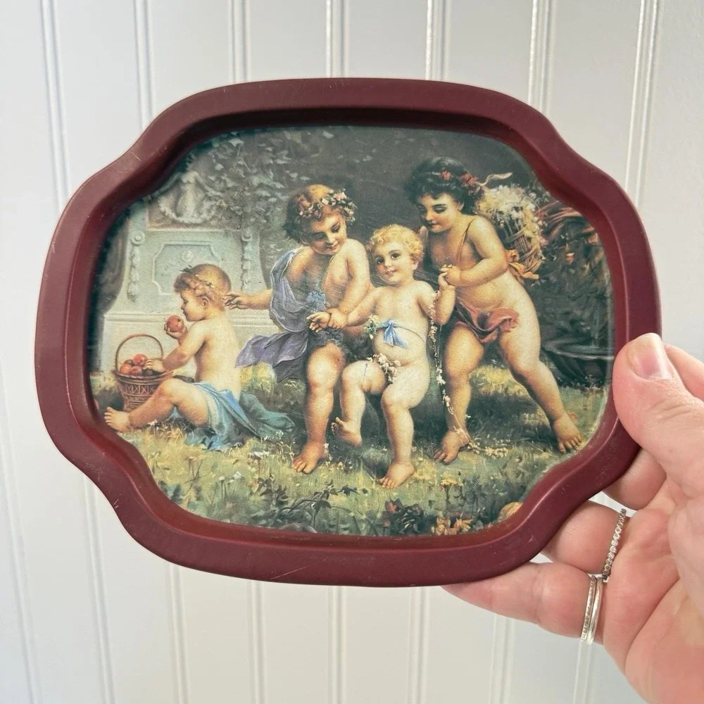 Vintage Angelic Cherub Victorian Style Metal Tray Floral Rectangular 6x8